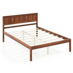 Full Size Retro Wood Platform Bed Frame with Headboard in Walnut - Free Shipping