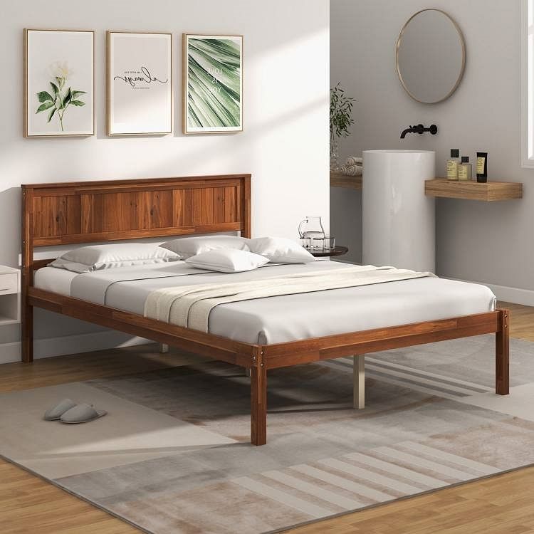 Full Size Retro Wood Platform Bed Frame with Headboard in Walnut - Free Shipping