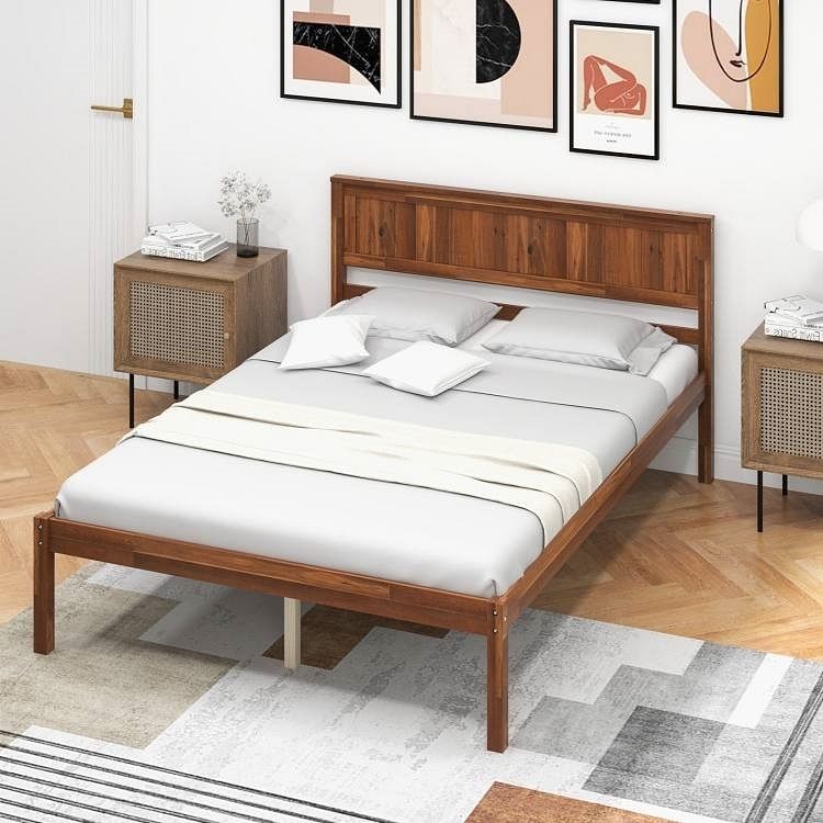 Full Size Retro Wood Platform Bed Frame with Headboard in Walnut - Free Shipping