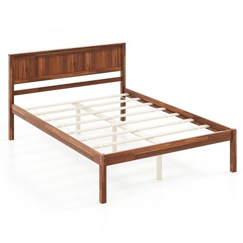 Full Size Retro Wood Platform Bed Frame with Headboard in Walnut - Free Shipping