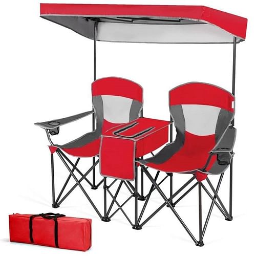 Red 2-Piece Folding Camping Canopy Chairs Set with Cup Holder and Storage Pocket - Free Shipping