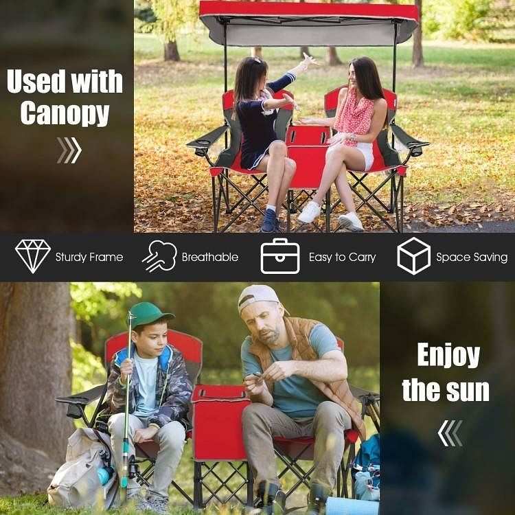 Red 2-Piece Folding Camping Canopy Chairs Set with Cup Holder and Storage Pocket - Free Shipping
