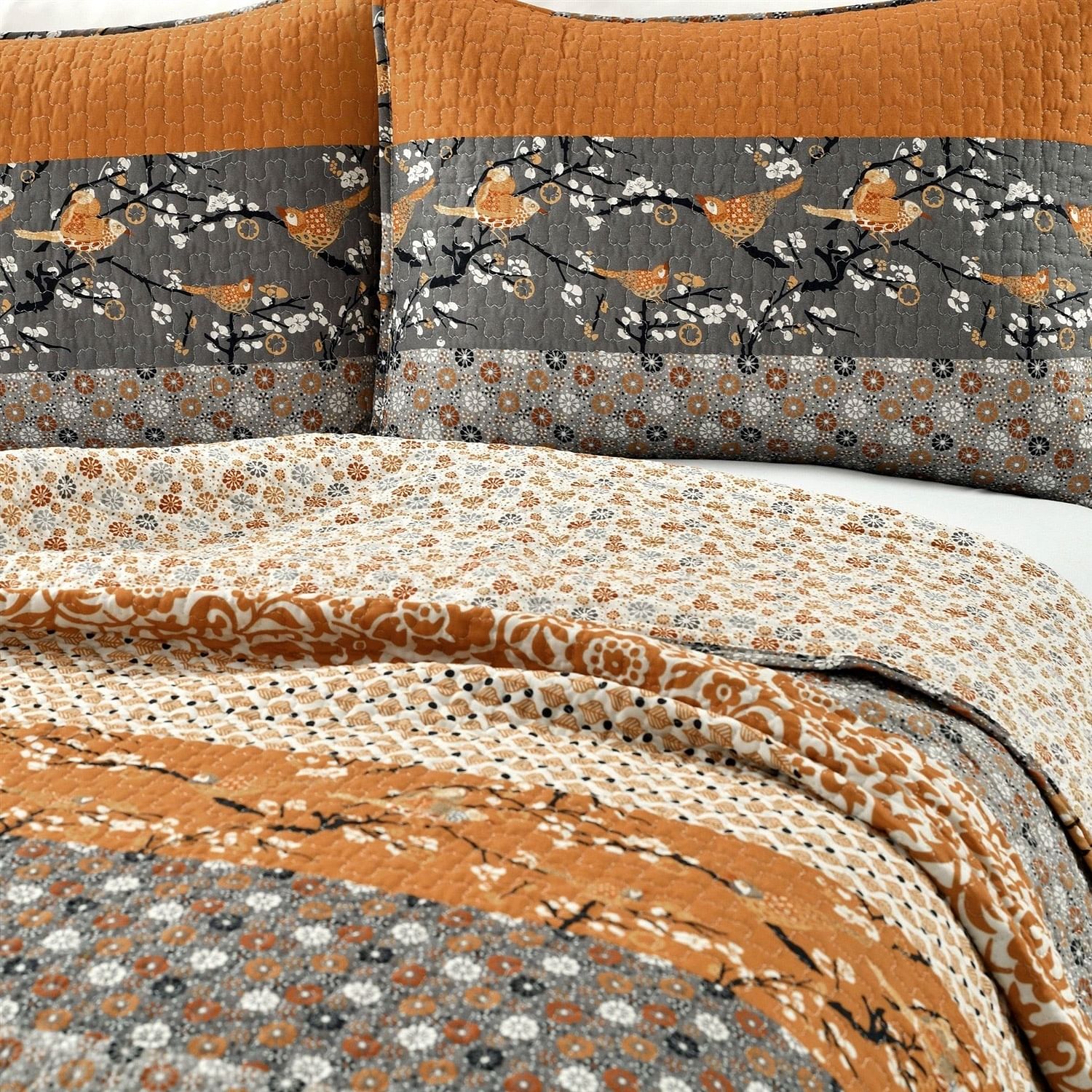 King Size Orange Grey Floral Birds Reversible 3 Piece Quilt Set - Free Shipping