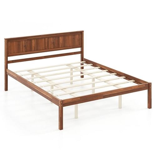 Queen Size Retro Wood Platform Bed Frame with Headboard in Walnut - Free Shipping
