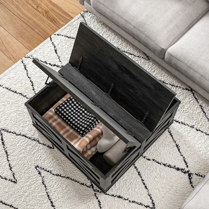 Farmhouse Coffee Table, Square Center Table with Flip-top Lids, Hidden Storage Compartment, Black