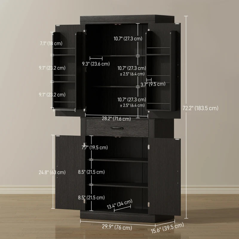 72" Kitchen Pantry Cabinet, Farmhouse Kitchen Storage Cabinet with 4 Barn Doors, 6 Door Shelves, Drawer, Black