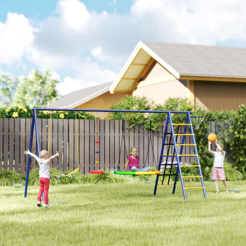 Qaba 6 in 1 Kids Swing Set with 1 Saucer Swing, 1 Belt Swing, 1 Disc Rope Swing, Climbing Ladder and Net, Basketball Hoop