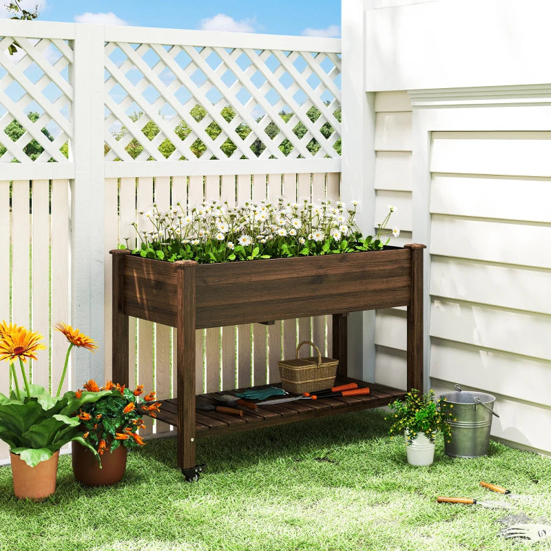 Mobile Raised Garden Bed Elevated Wood Planter Box with Lockable Wheels, Storage Shelf for Herbs Vegetables, Carbonized