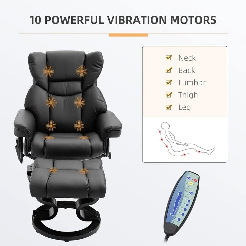 Adjustable Black Faux Leather Remote Massage Recliner Chair w/ Ottoman - Free Shipping