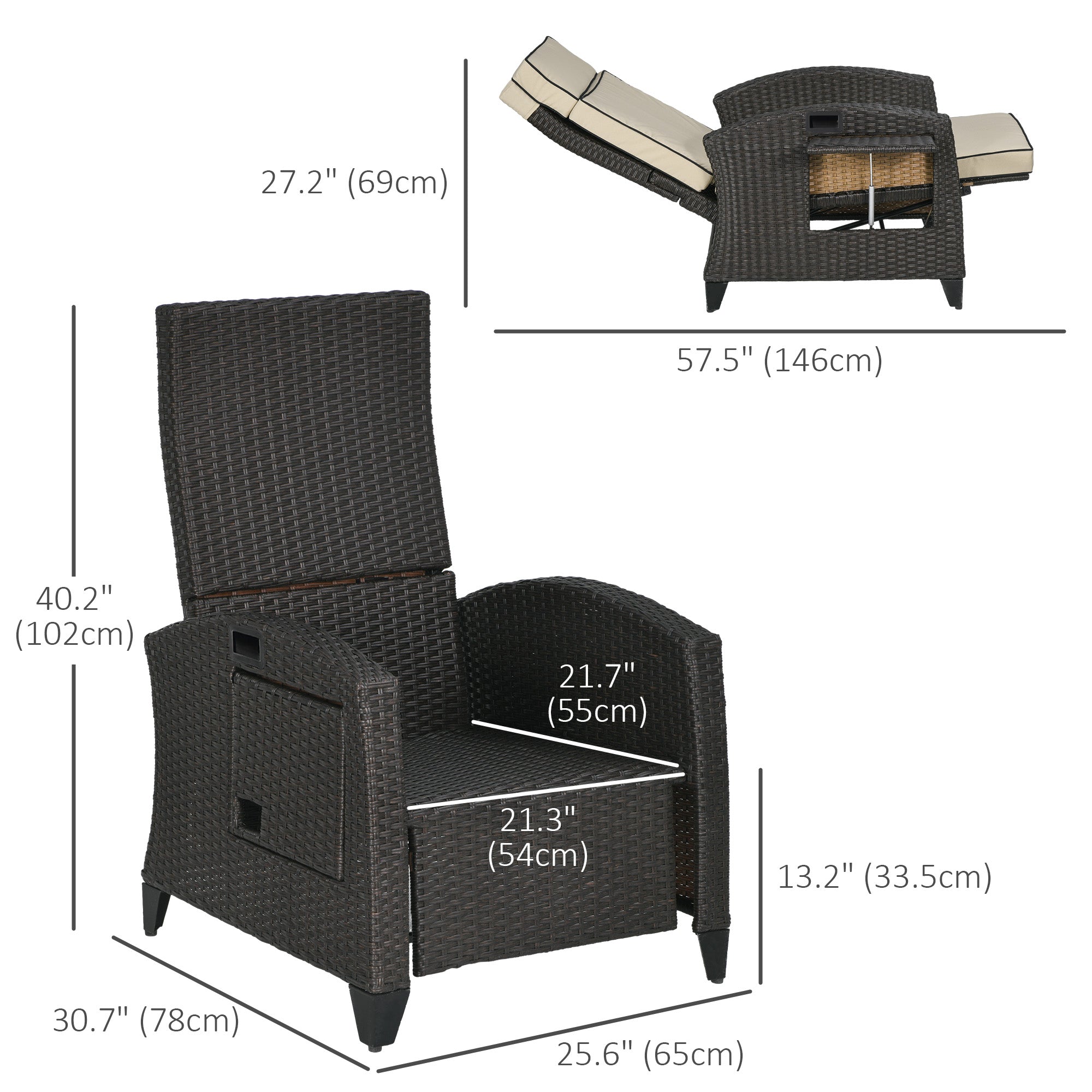 Outsunny Outdoor Recliner Chair with Adjustable Backrest, Cushion, Side Tray, Khaki