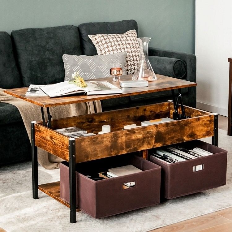 Rustic FarmHouse Lift-Top Multi Purpose Coffee Table with 2 Storage Drawers Bins - Free Shipping