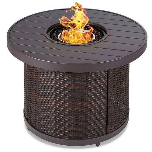 50,000 BTU Brown Wicker Round LP Gas Propane Fire Pit w/ Faux Wood Tabletop and Cover - Free Shipping