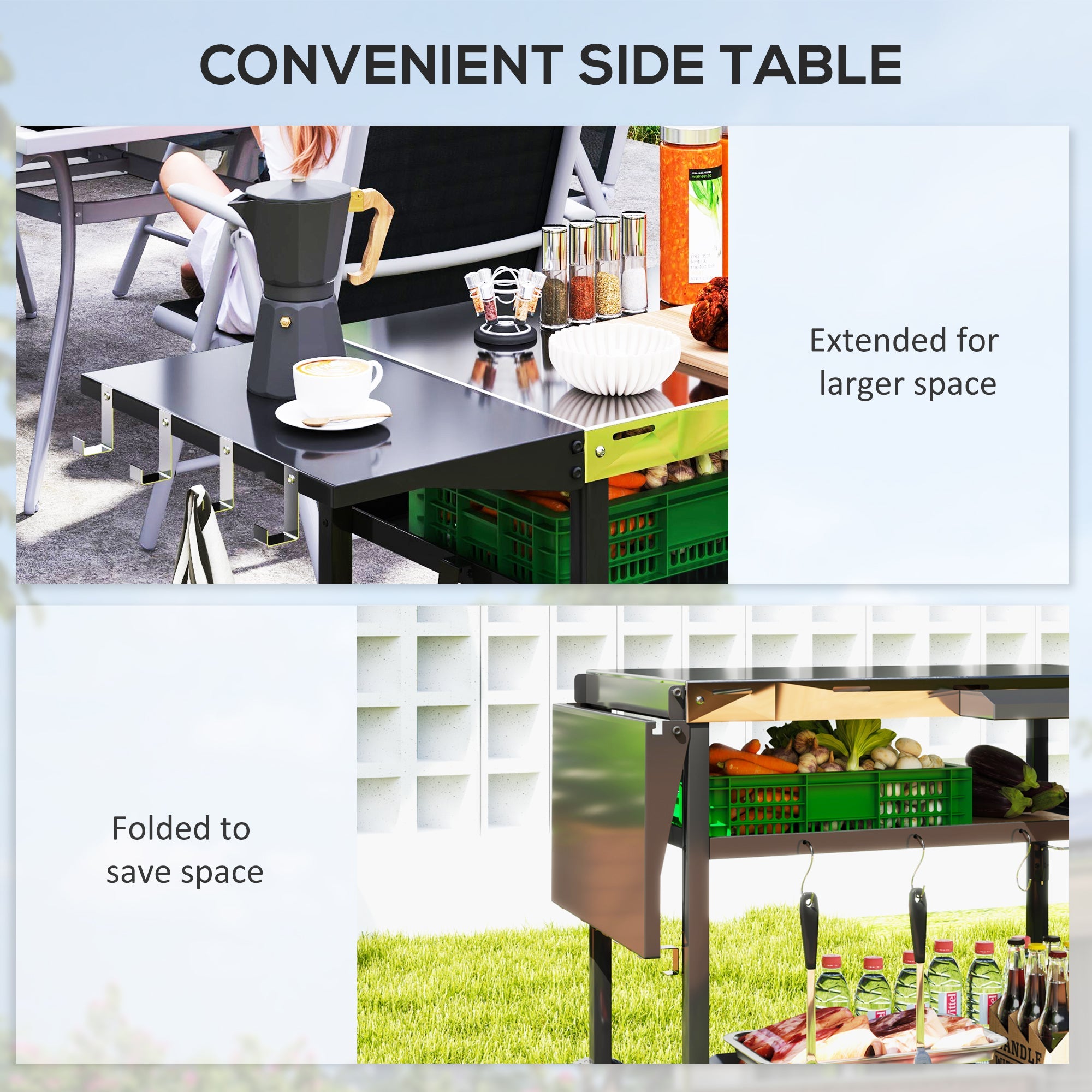 Outsunny Outdoor Bar Cart BBQ Table with Wheels, Stainless Steel Pizza Oven Stand, Outdoor Kitchen Cart with Storage and Hooks