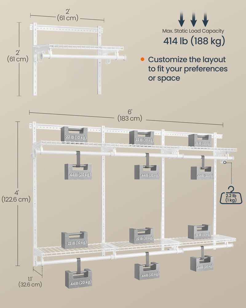Heavy-Duty Metal Wardrobe Closet with Shelves and Hooks, 96.1" x 12.8" x 48.3", White