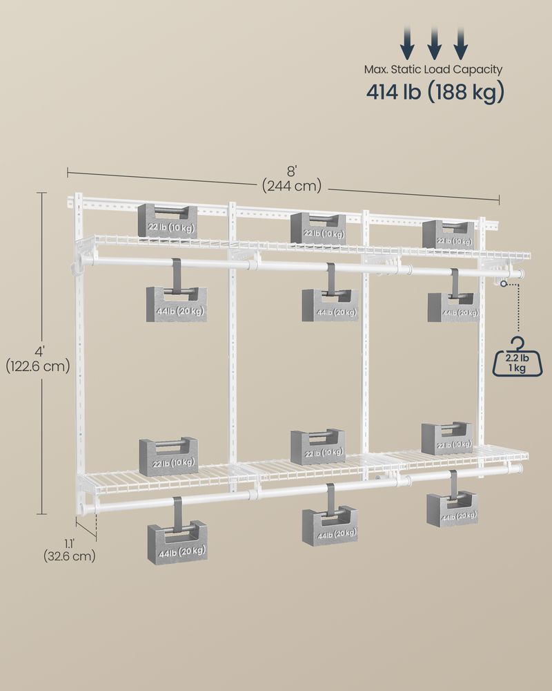 Heavy-Duty Metal Wardrobe Closet with Shelves and Hooks, 96.1" x 12.8" x 48.3", White