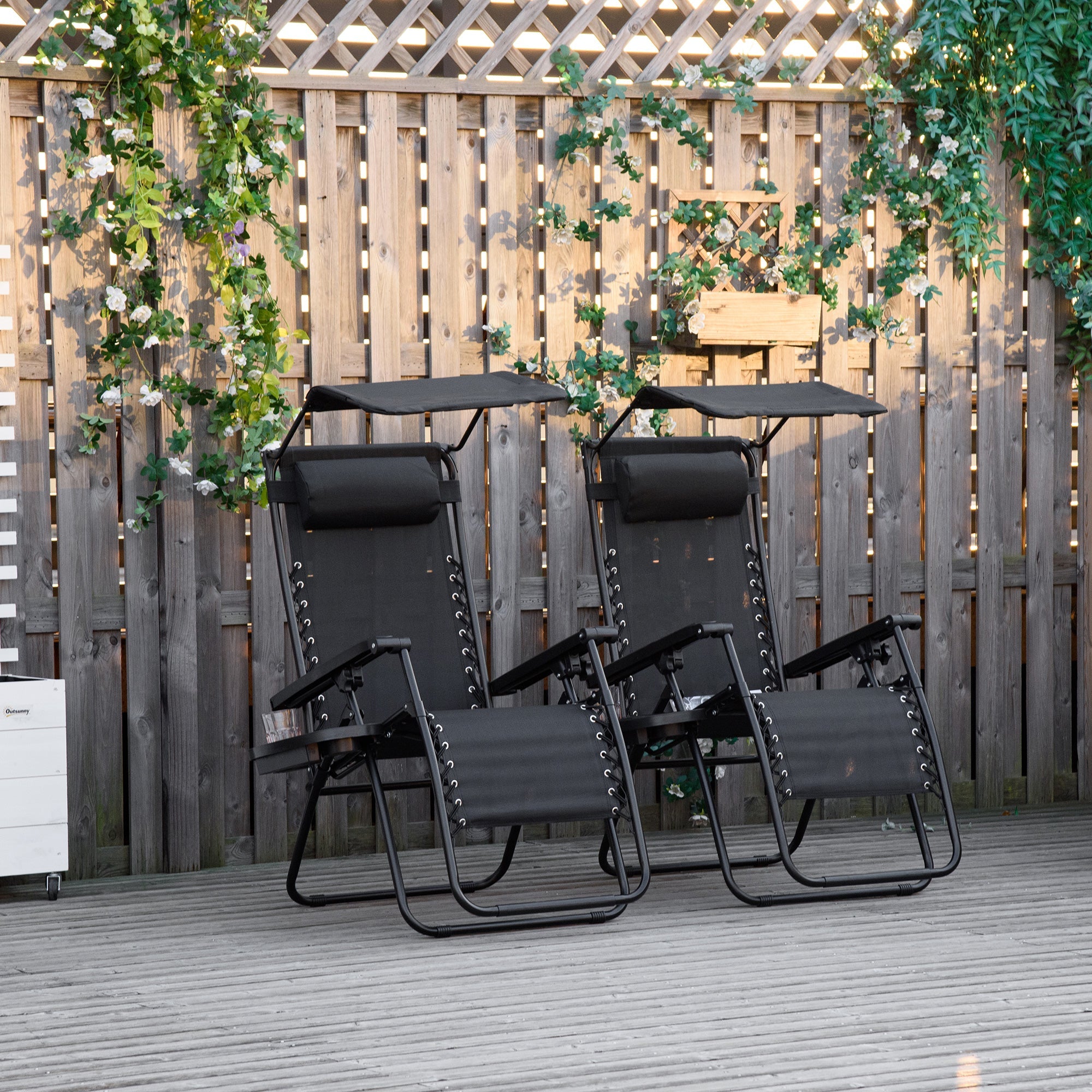 Outsunny Zero Gravity Chair 2pc Adjustable Patio Lounge Recliner with Cup Holder Canopy Shade Black