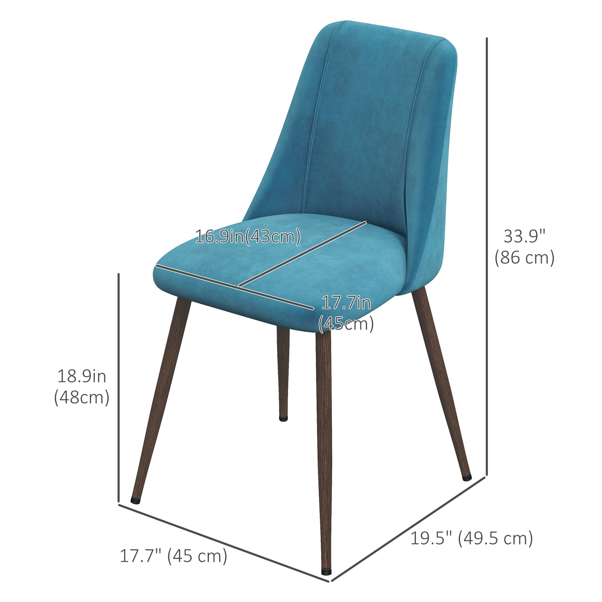 HOMCOM Set of 4 Dining Chairs Modern Velvet Upholstery Curved Back Wood-grain Steel Legs Blue