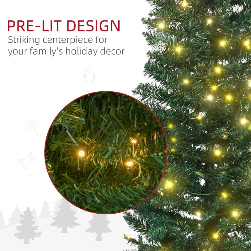 HOMCOM 7' Tall Pre-Lit Slim Noble Fir Artificial Pencil Christmas Tree with 200 Warm White LED Lights and 499 Tips, Green