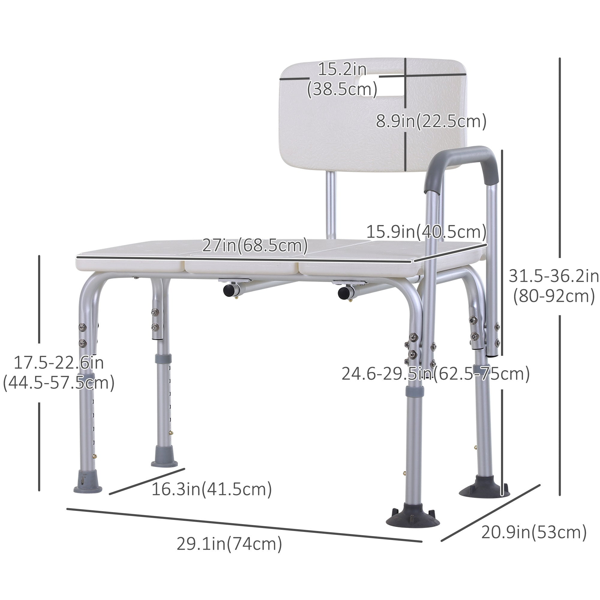 HOMCOM 6-Level Adjustable Bath and Shower Transfer Bench Aluminum Chair with Non-Slip Feet, Armrest & Backrest, White