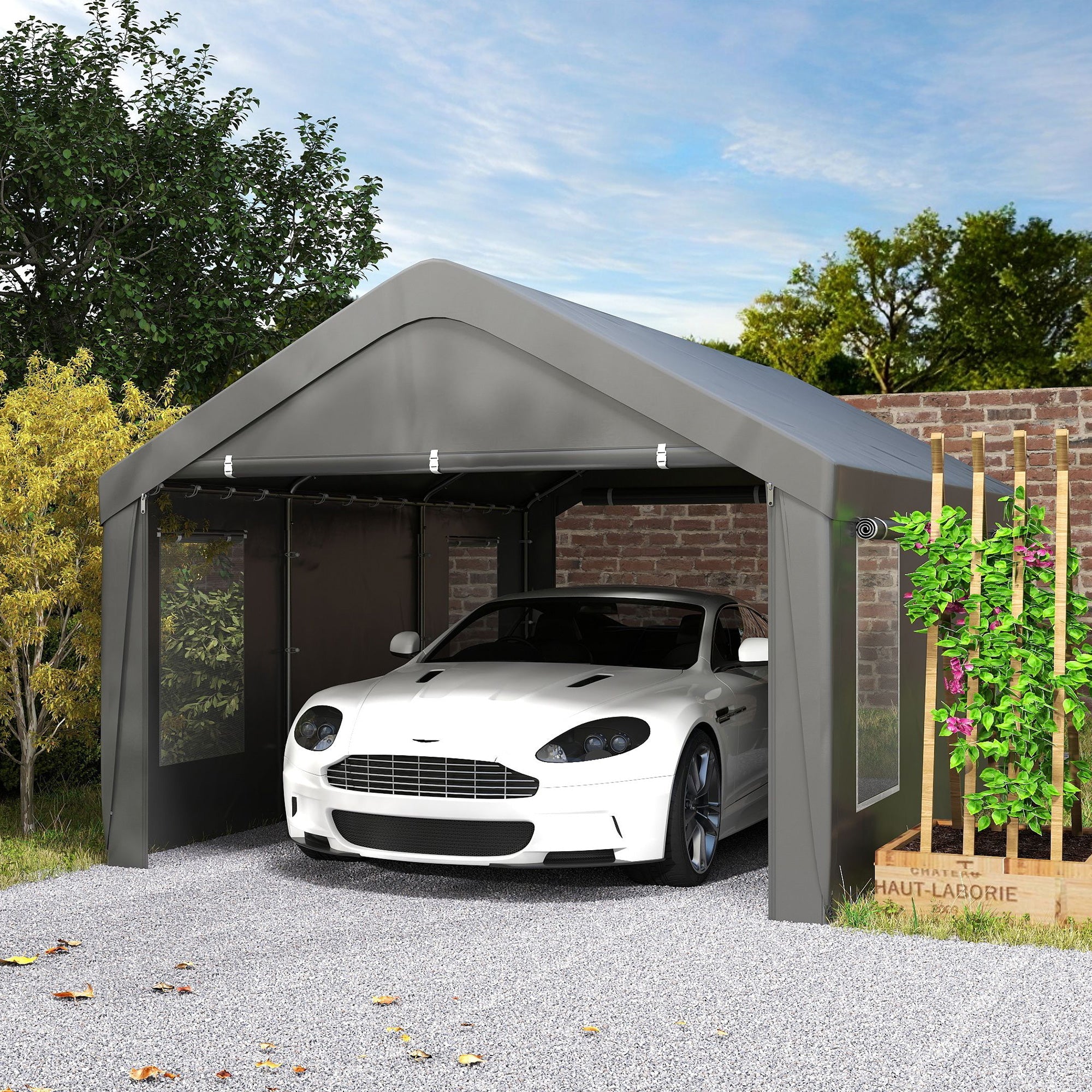 Outsunny 12 x 20ft Carport with 2 Roll-Up Doors, 4 Windows, Portable Garage with Removable Sidewalls for Car, Truck, Dark Grey