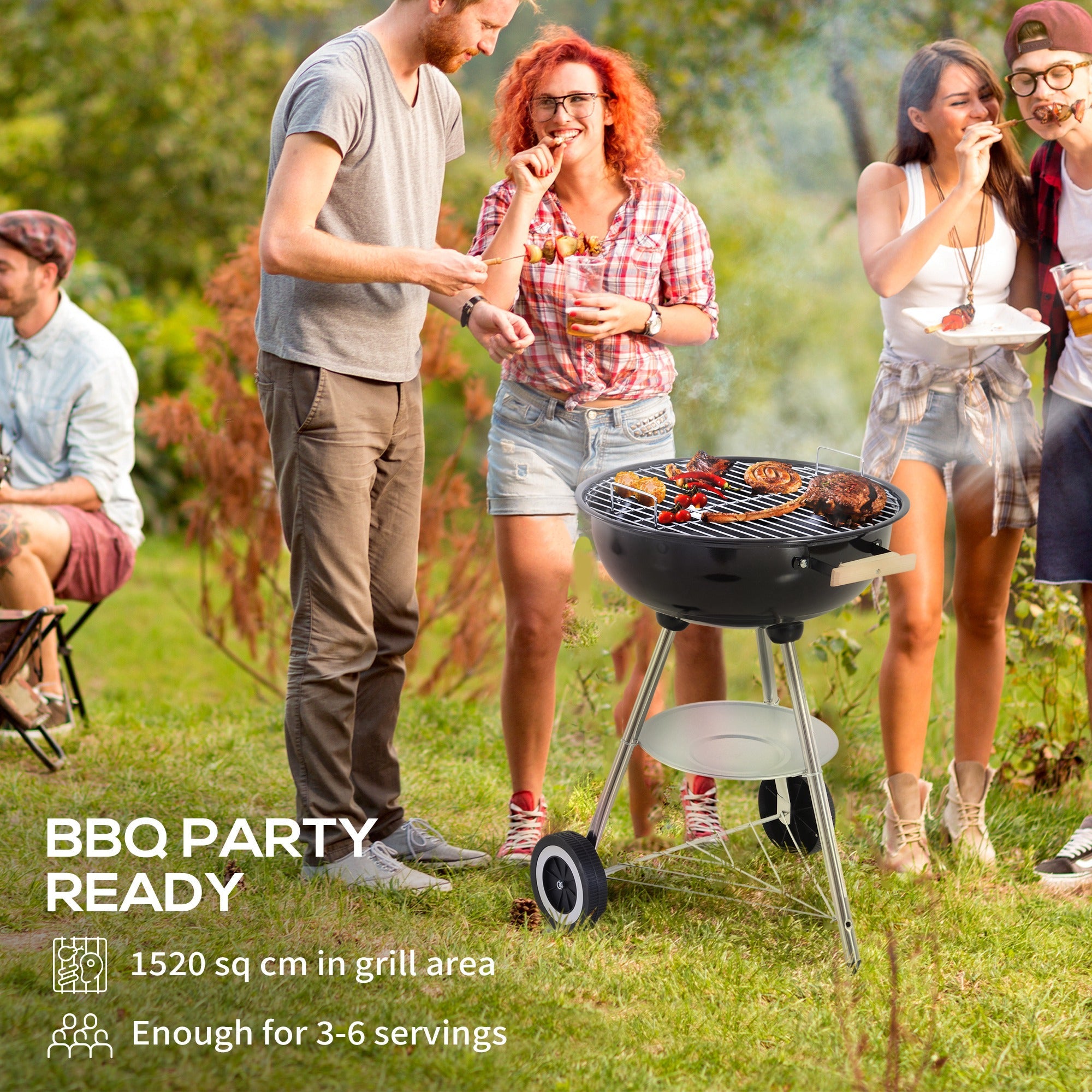 Outsunny Steel Portable Charcoal BBQ Grill Outdoor Camp Cooker with Lid Vents Wheels Storage Shelf Black