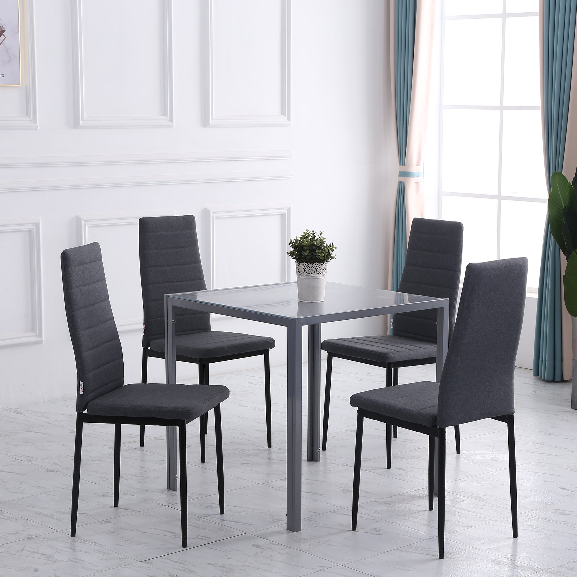 HOMCOM Set of 4 Dining Chairs High Back Linen Metal Legs Modern Accent Seating Grey