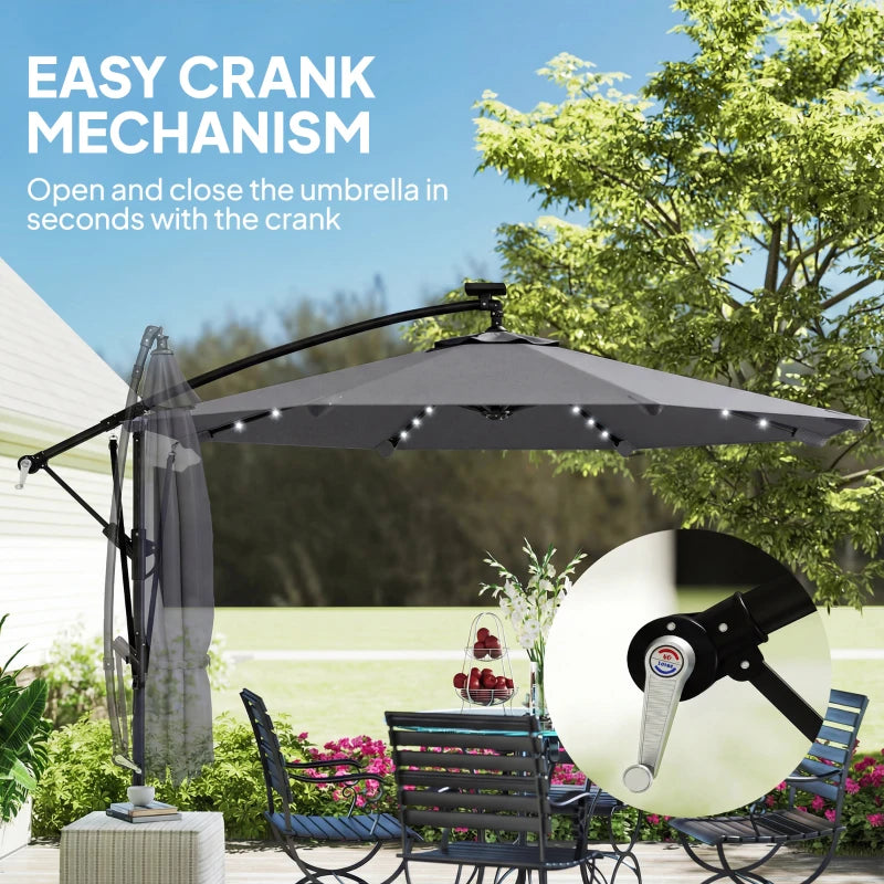 9.7ft Solar LED Cantilever Patio Umbrella with 32 LED Lights, Cross Base, Crank Handle, for Poolside, Deck, Dark Grey