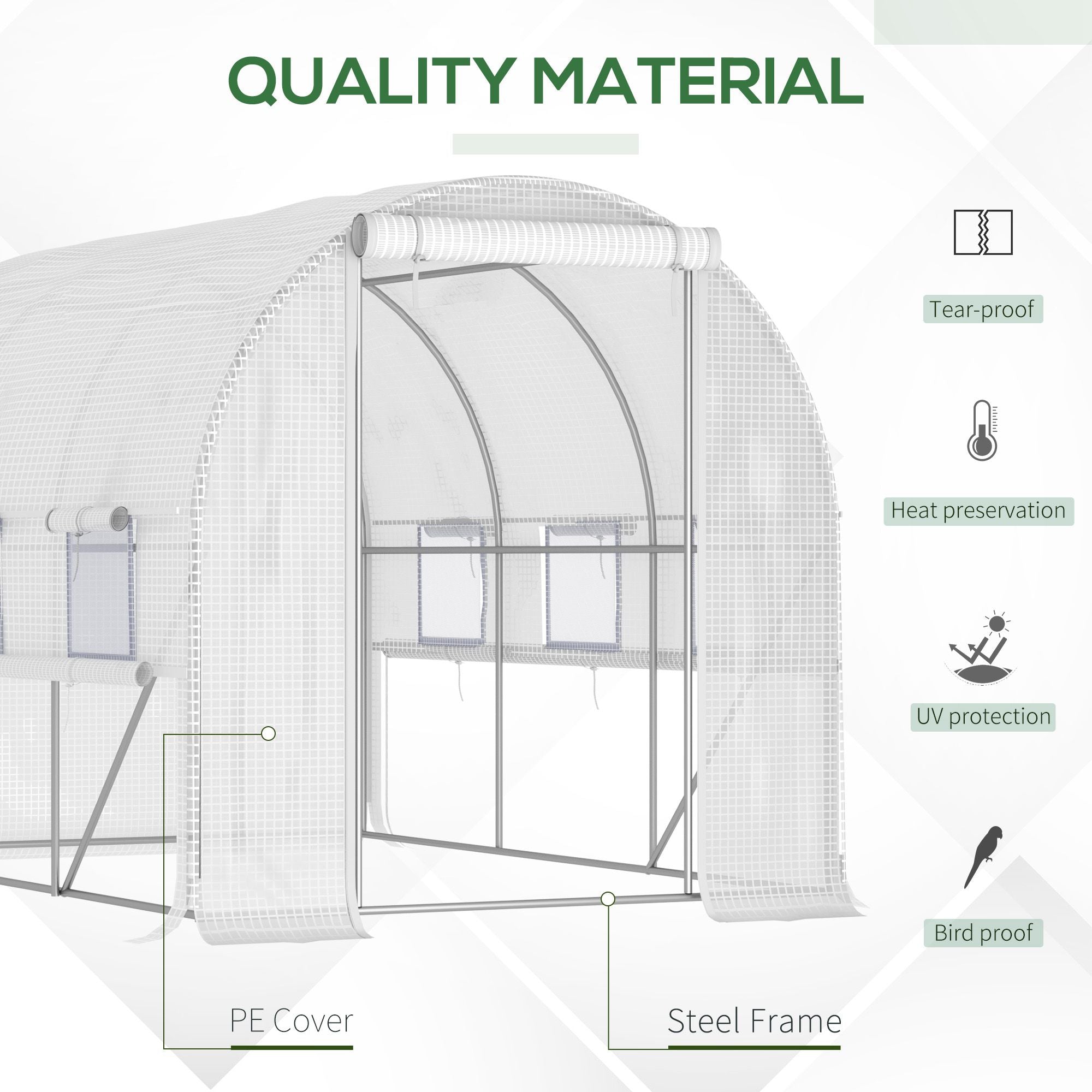 Outsunny 10'x6.6'x6.6' Walk-In Tunnel Greenhouse PE Cover Zipper Doors Roll-Up Side Cover Mesh Windows White