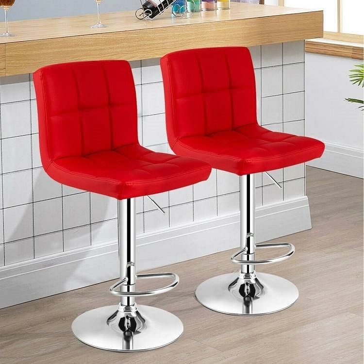 Set of 2 Modern Adjustable Height Barstools w/ Comfortable Red PU Leather Seat - Free Shipping