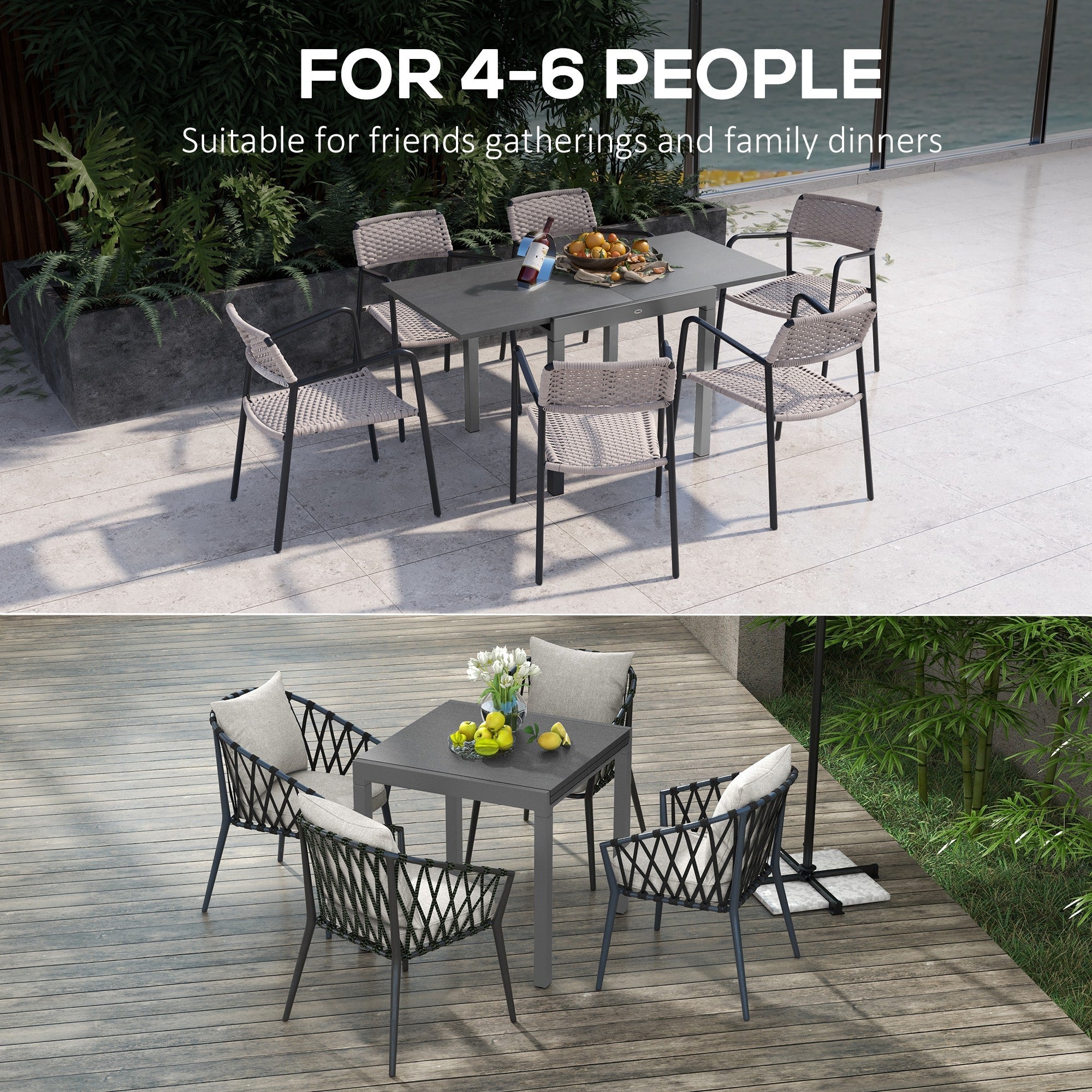 Outsunny 31.5"-63" Extendable Outdoor Dining Table for 4-6 with Aluminium Frame, Steel Tabletop Dark Grey