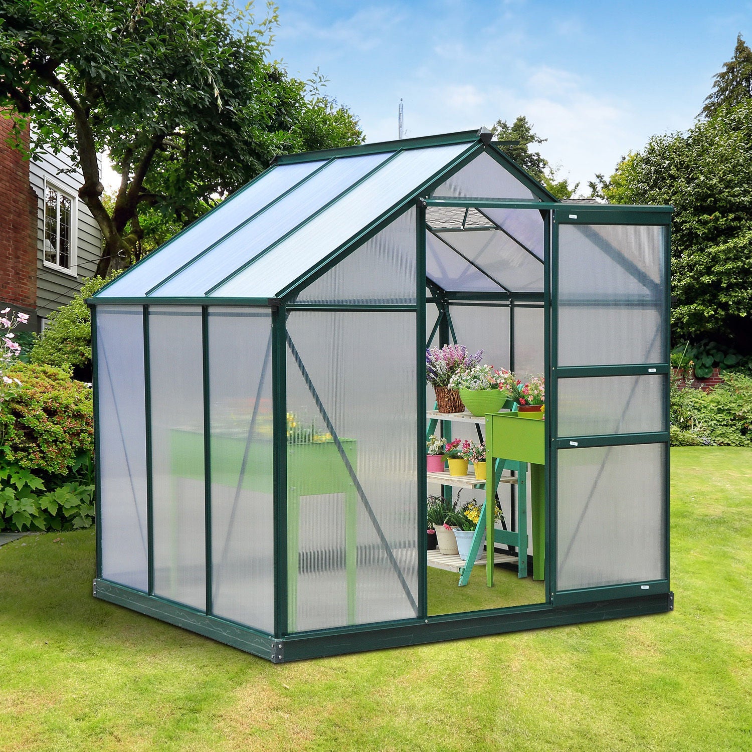Outsunny 6.2' x 6.3' x 6.6' Clear Polycarbonate Greenhouse Large Walk-In Green House Garden Plants Grow Galvanized Base Aluminium Frame