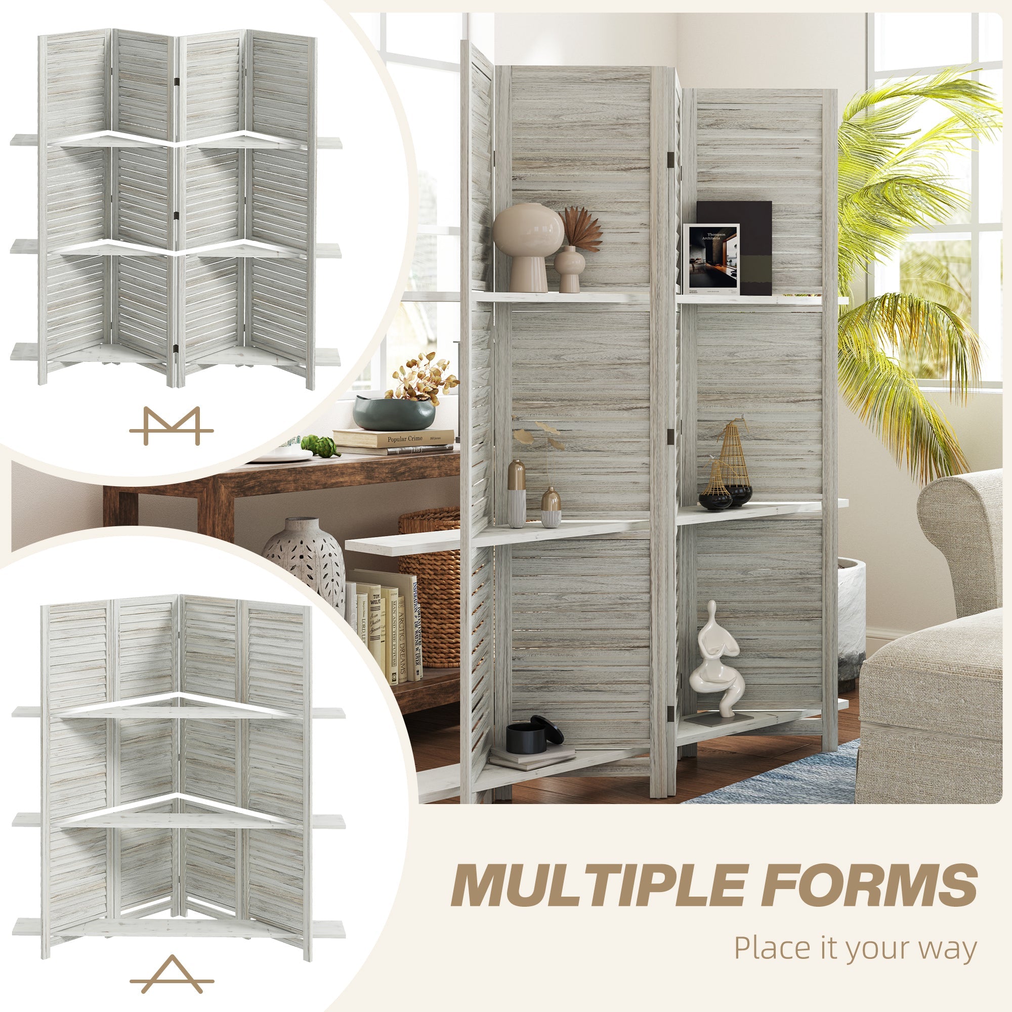 HOMCOM 4-Panel Wall Partition Room Separator with 3 Storage Shelves Foldable Design Wooden Frame 5.6FT Distressed White