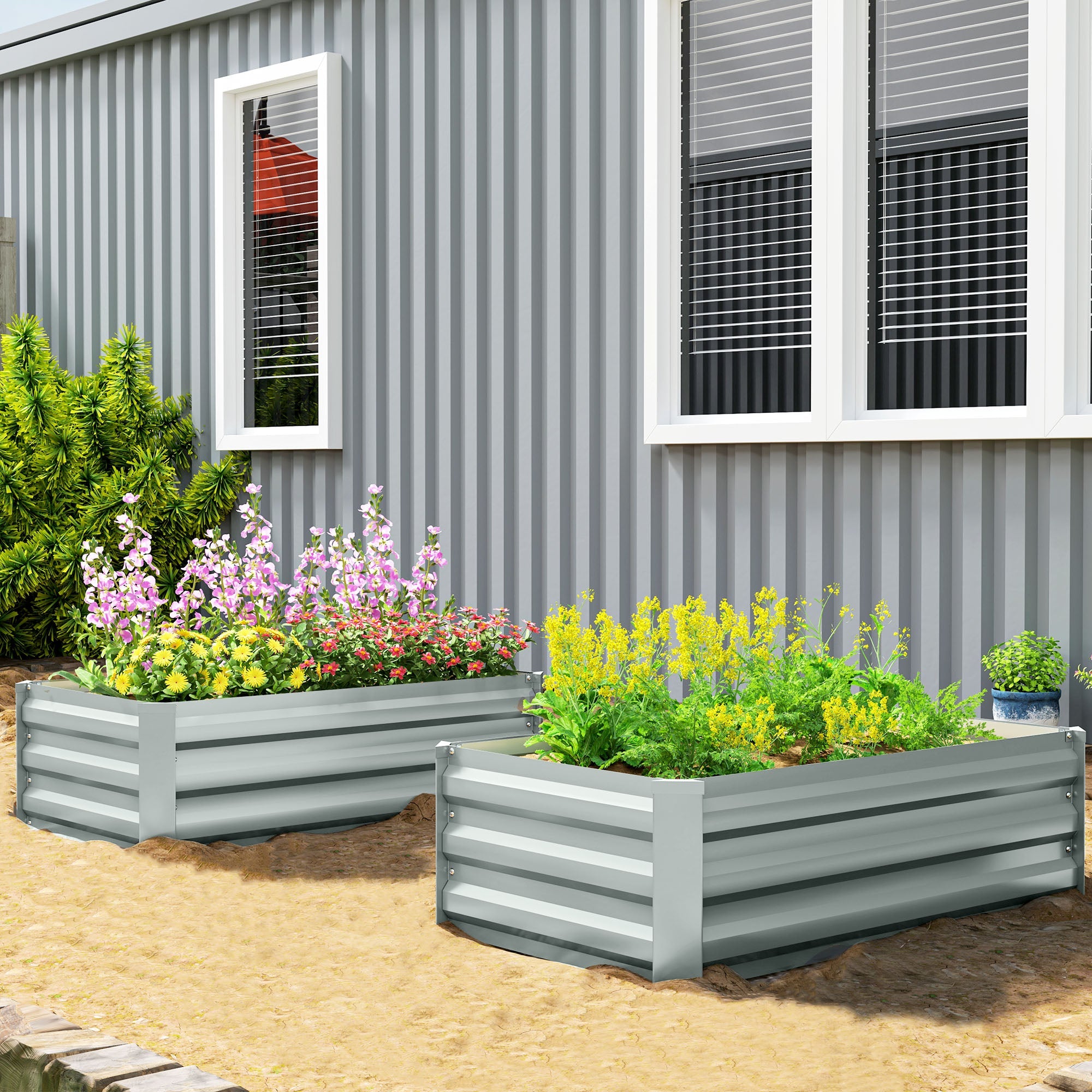 Outsunny Set of 2 Galvanized Raised Beds for Garden, Outdoor Planter Box for Flowers, Herbs and Vegetables, Light Grey