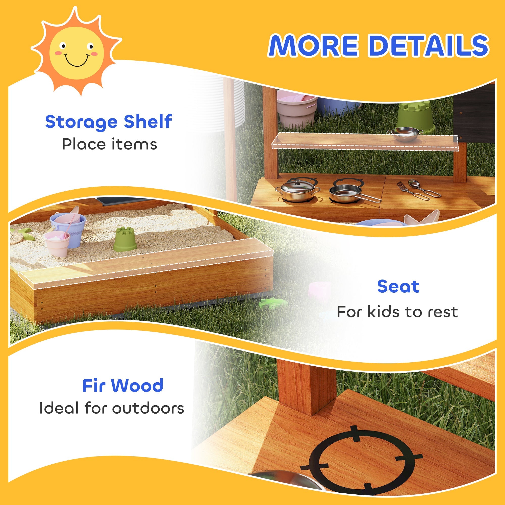 Outsunny Kids Sandbox with Cover Kitchen Playset Toys, Wooden Sand Box with Seat, Storage, for 3-7 Years Old, Red