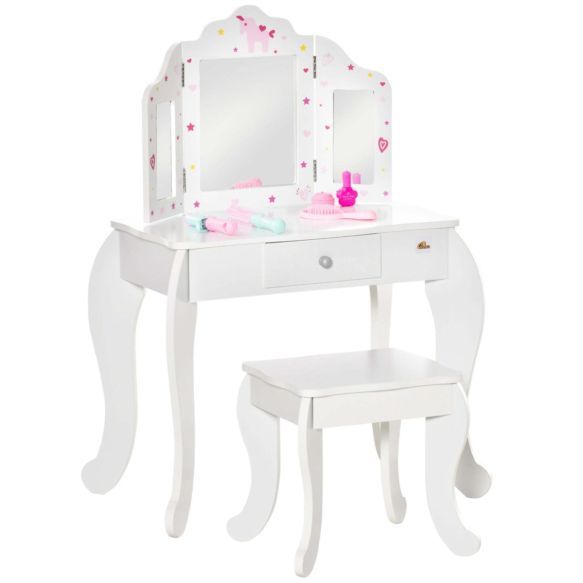 Qaba Girls Vanity Set Stool Dressing Table Tri-Fold Mirror Drawer Star Heart Design Makeup Desk White
