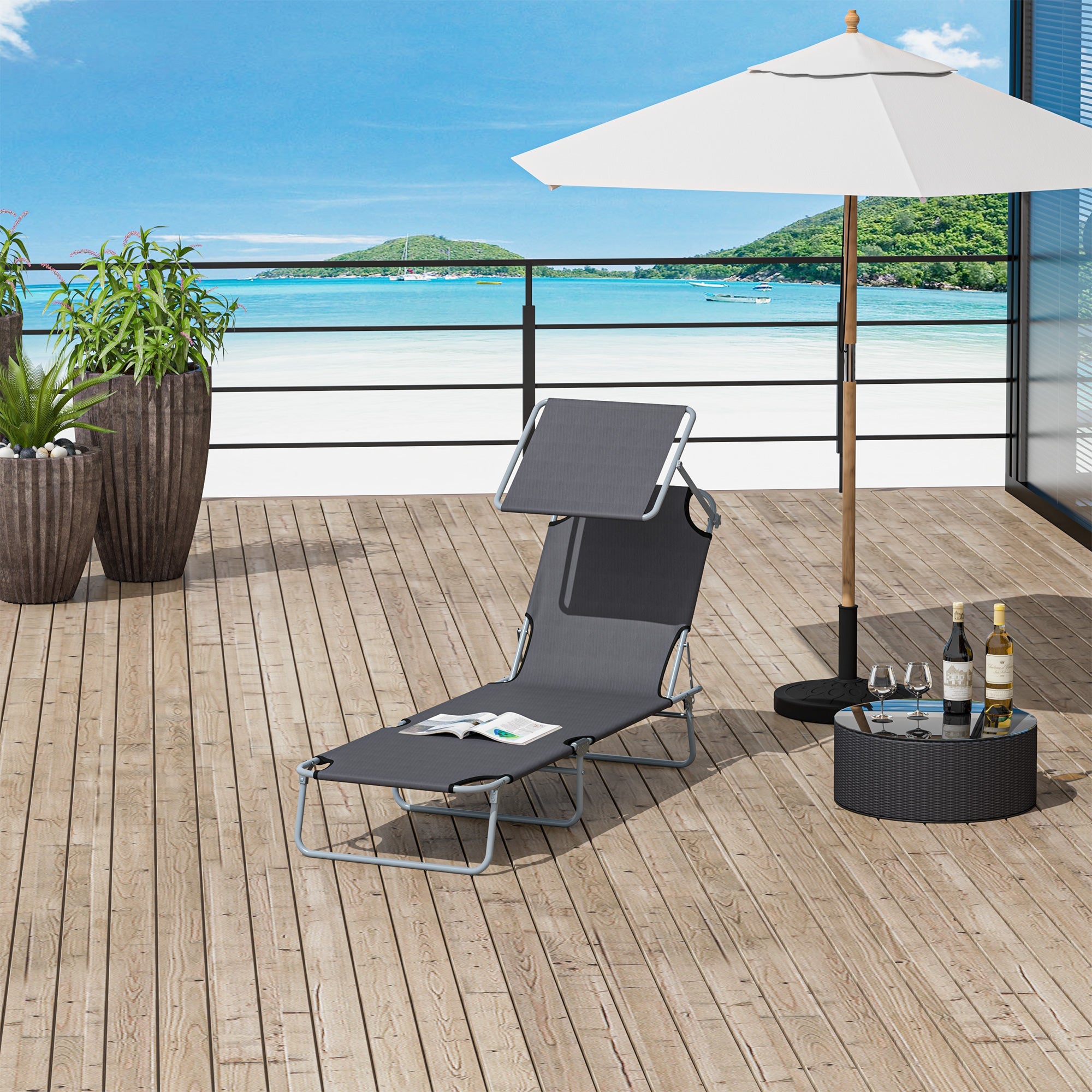 Outsunny Adjustable Garden Outdoor Lounge Chair, Folding Chaise Lounge Bed, Reclining Portable Tanning Chair Seat with Sun Shade, Grey