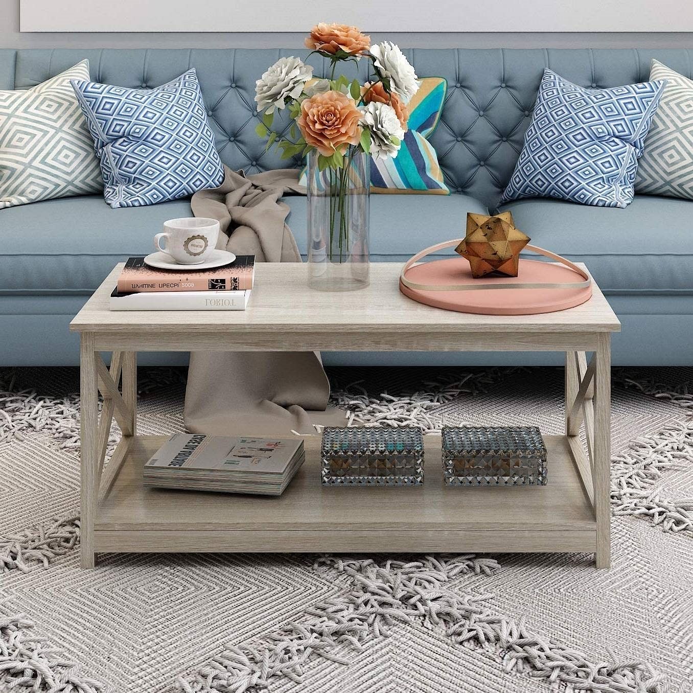 Contemporary Farmhouse Coffee Table in Rustic White Oak Wood Finish - Free Shipping