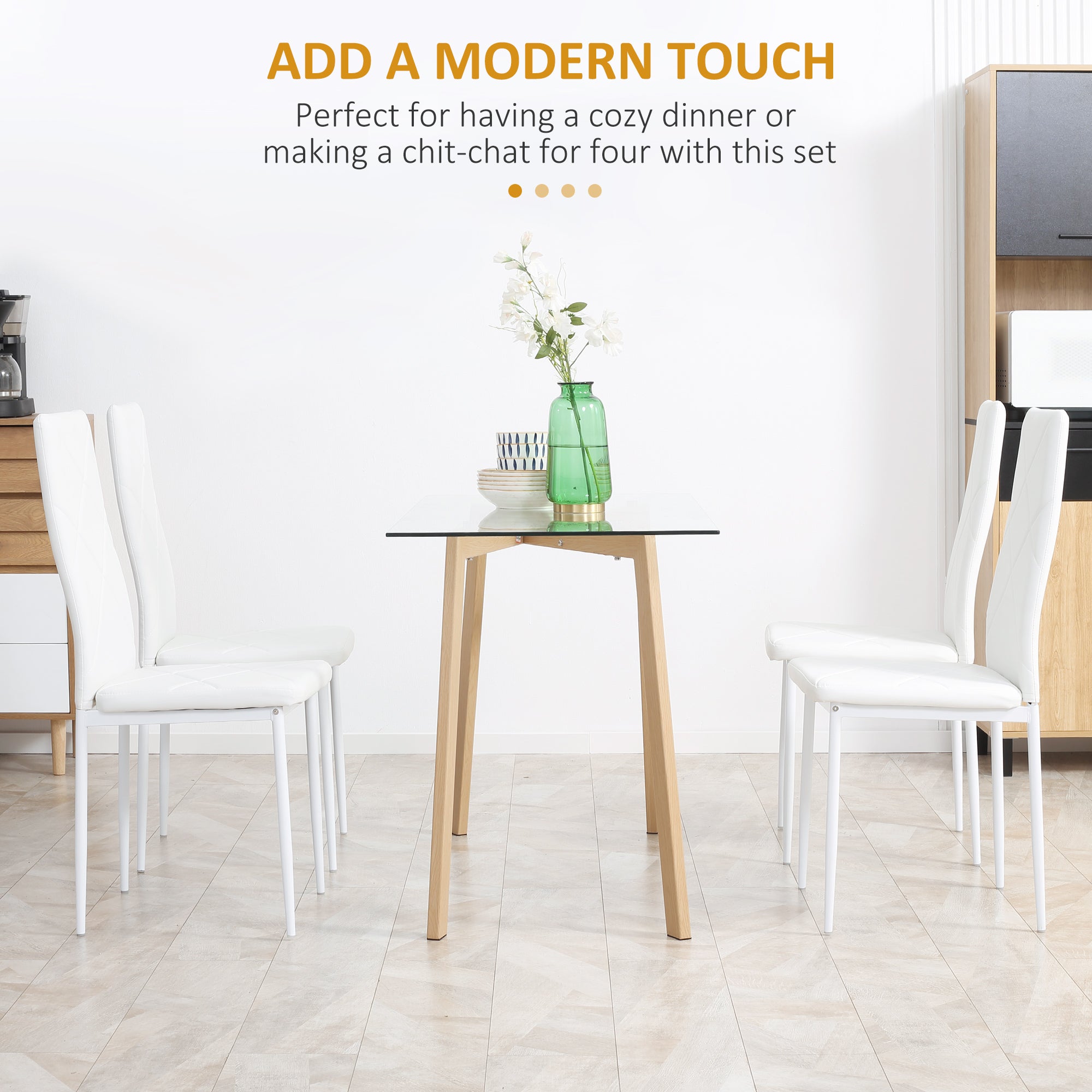 HOMCOM Modern Dining Chairs Set of 4: High-Back Faux Leather Upholstery with Steel Legs, White