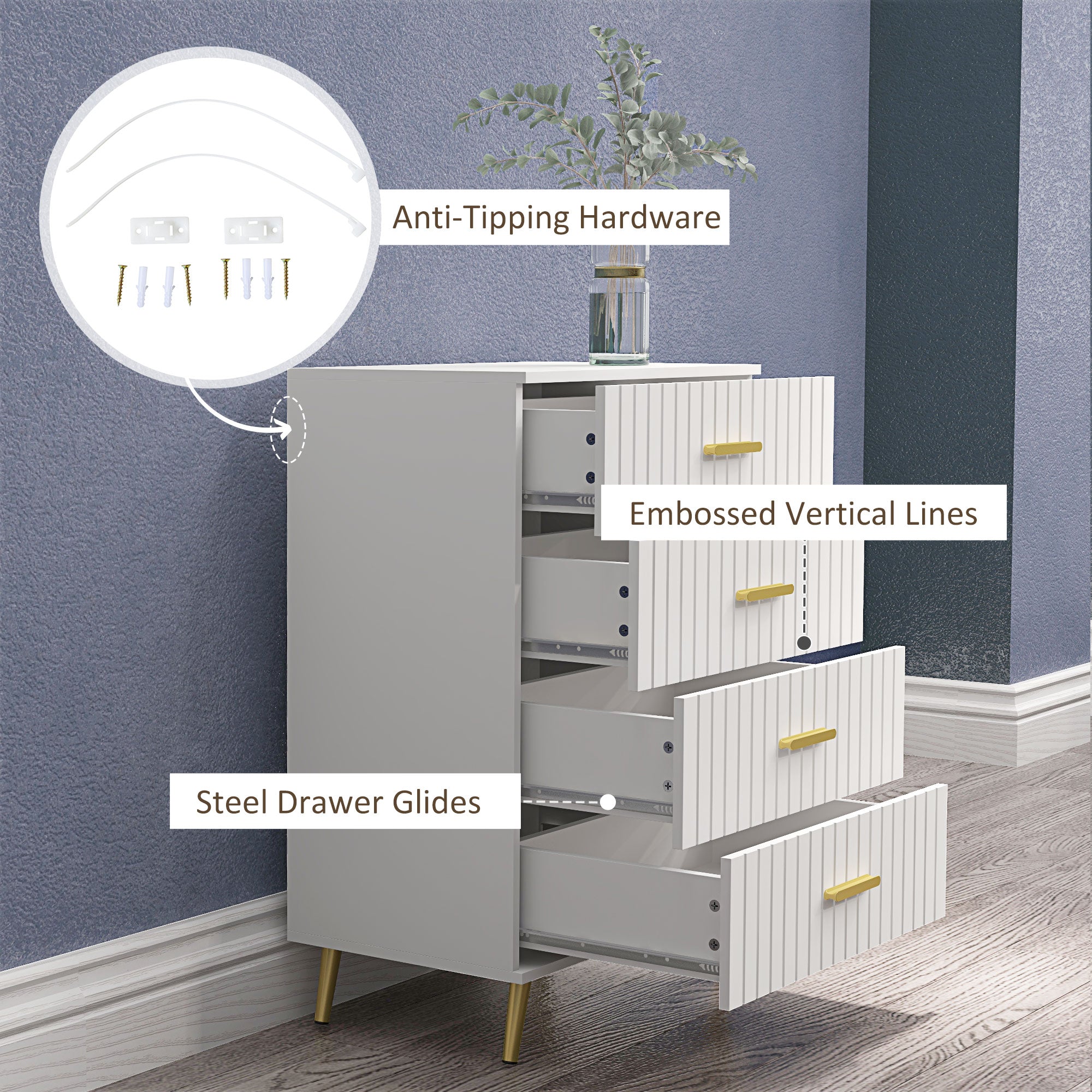HOMCOM 4 Drawer Cabinet, Drawer Chest for Bedroom, Chest of Drawers with Aluminium Legs and Gold Handles, White
