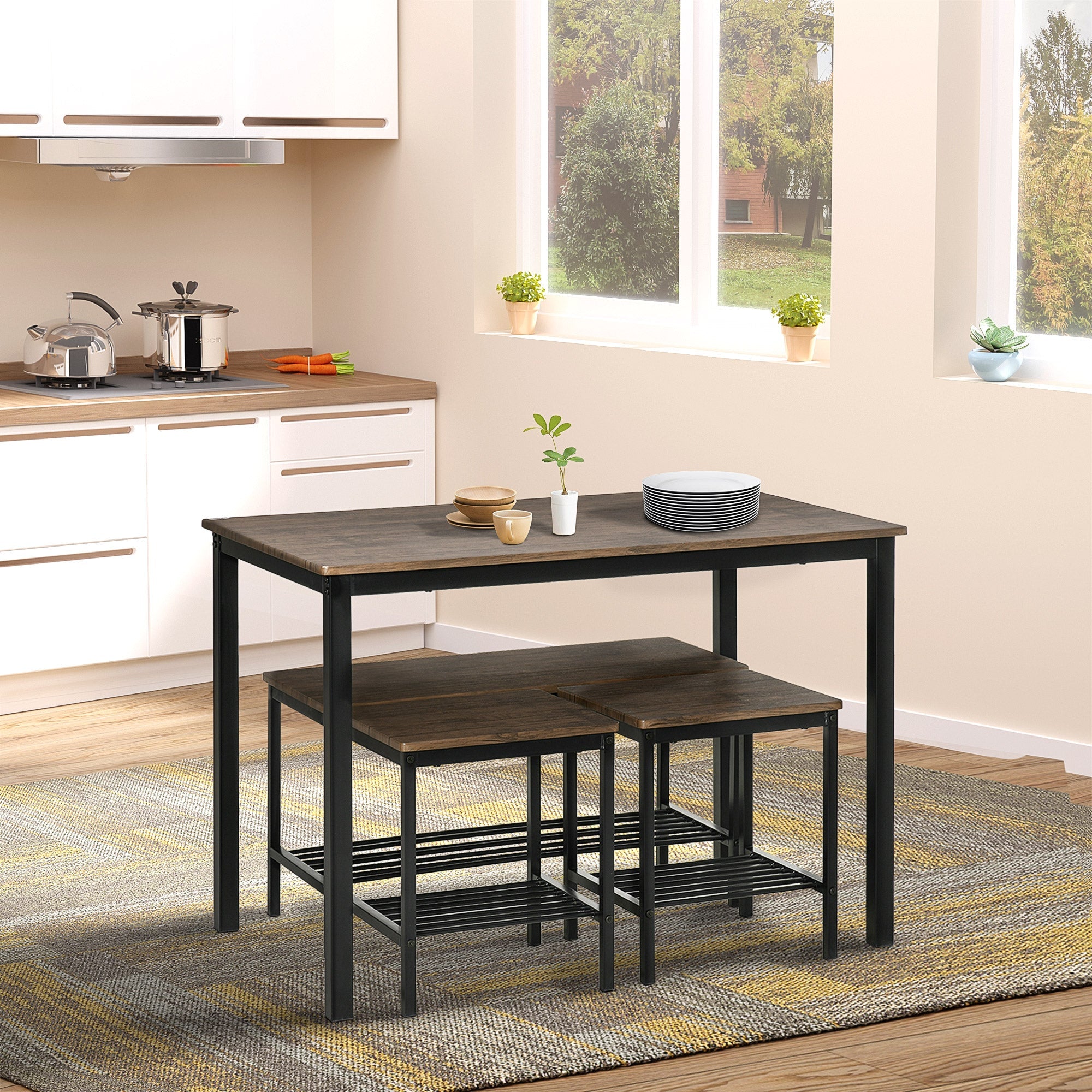HOMCOM Industrial Dining Set: 4-Person Kitchen Table with Chairs and Bench, Metal Frame with Storage Shelf