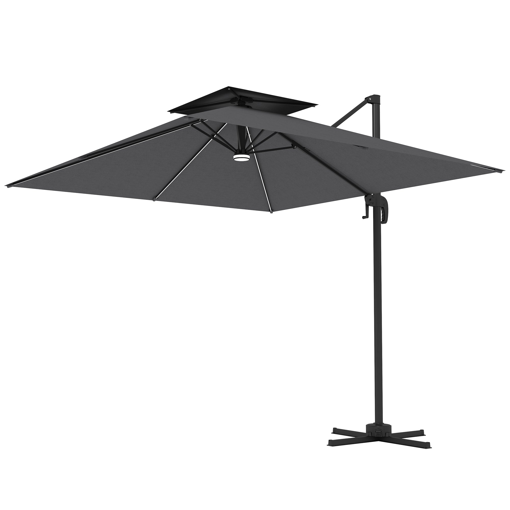 Outsunny 8' Cantilever Patio Umbrella with LED Lights, 360°Rotation, Tilt & Height Adjustment, Crank, Cross Base, Dark Grey