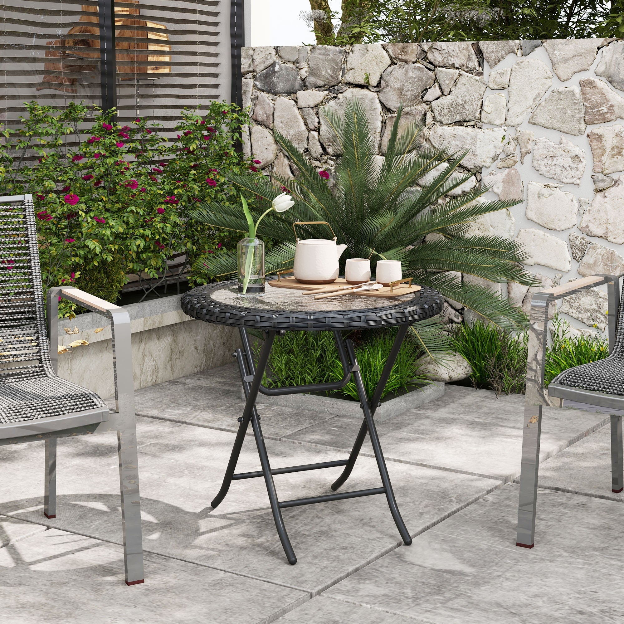 Outsunny Folding Round Table Tempered Glass Metal with Rattan Edging Black