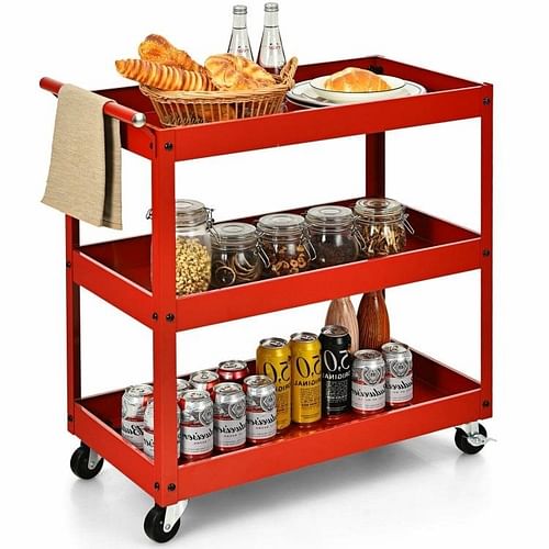 Red Steel Frame Kitchen Serving Utility Cart on Wheels with 2 Bottom Shelves - Free Shipping