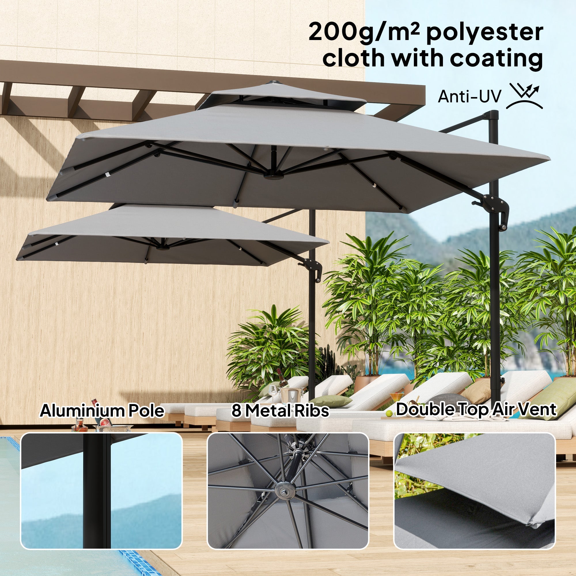 Outsunny 10'x10' Cantilever Patio Umbrella Double Top Square Offset Umbrella 360° Rotation Light Grey