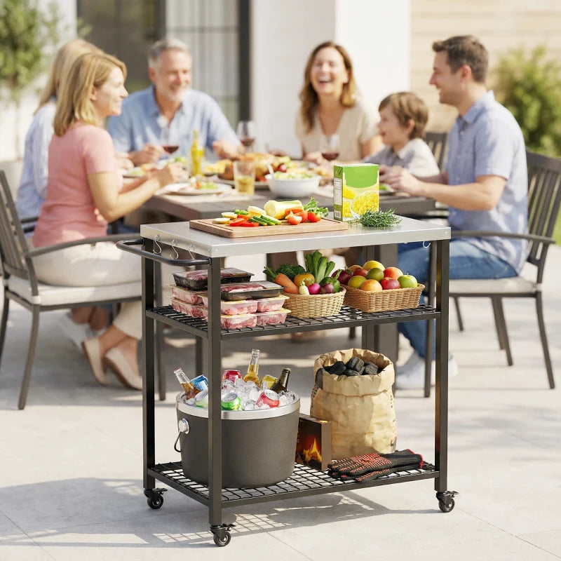 Outdoor Grill Cart with Stainless Steel Top, Two-Shelf Pizza Oven Stand, Food Prep Table on Wheels, Black