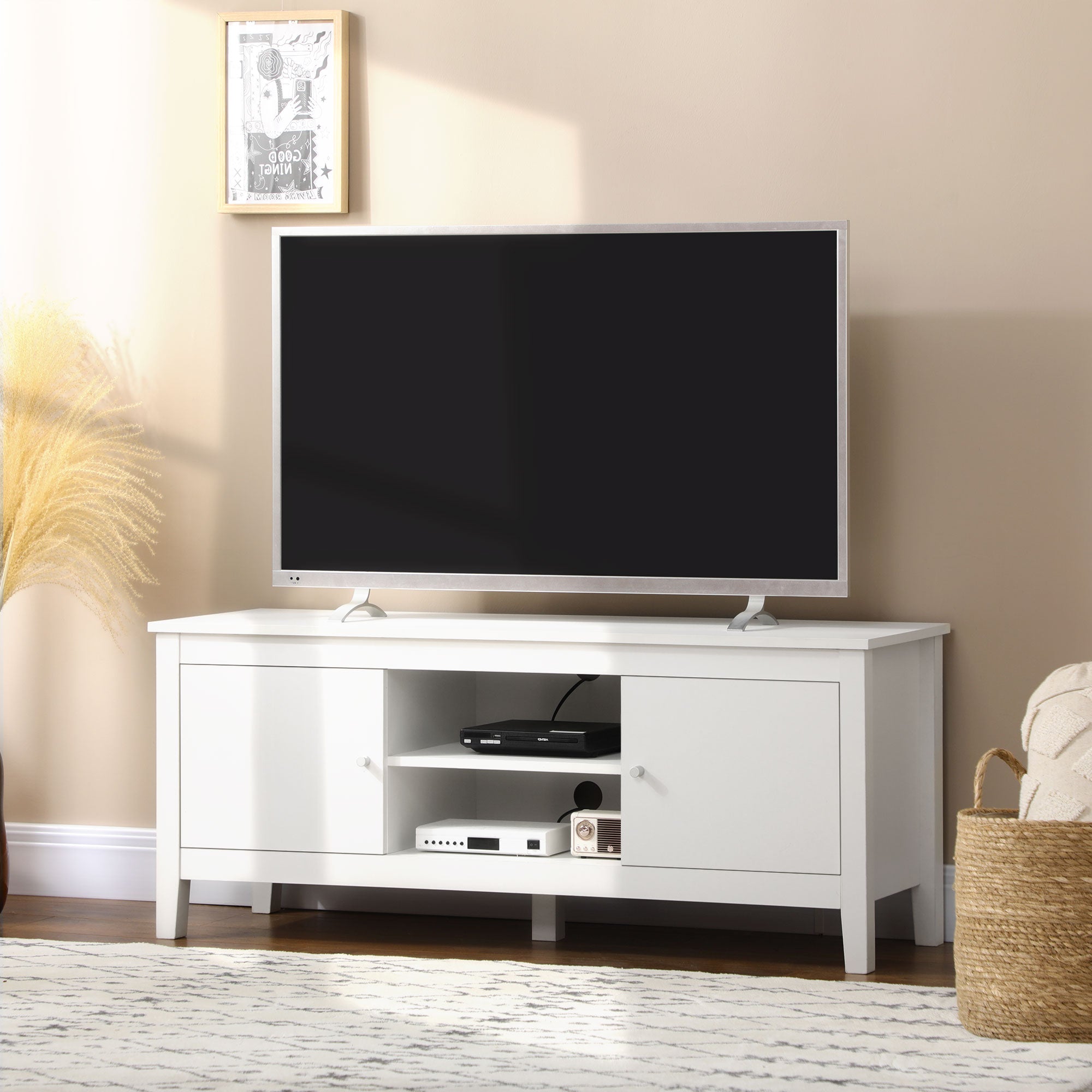 HOMCOM Modern White TV Stand for 55" TVs with Storage Cupboards Shelves Minimalist Living Room Furniture