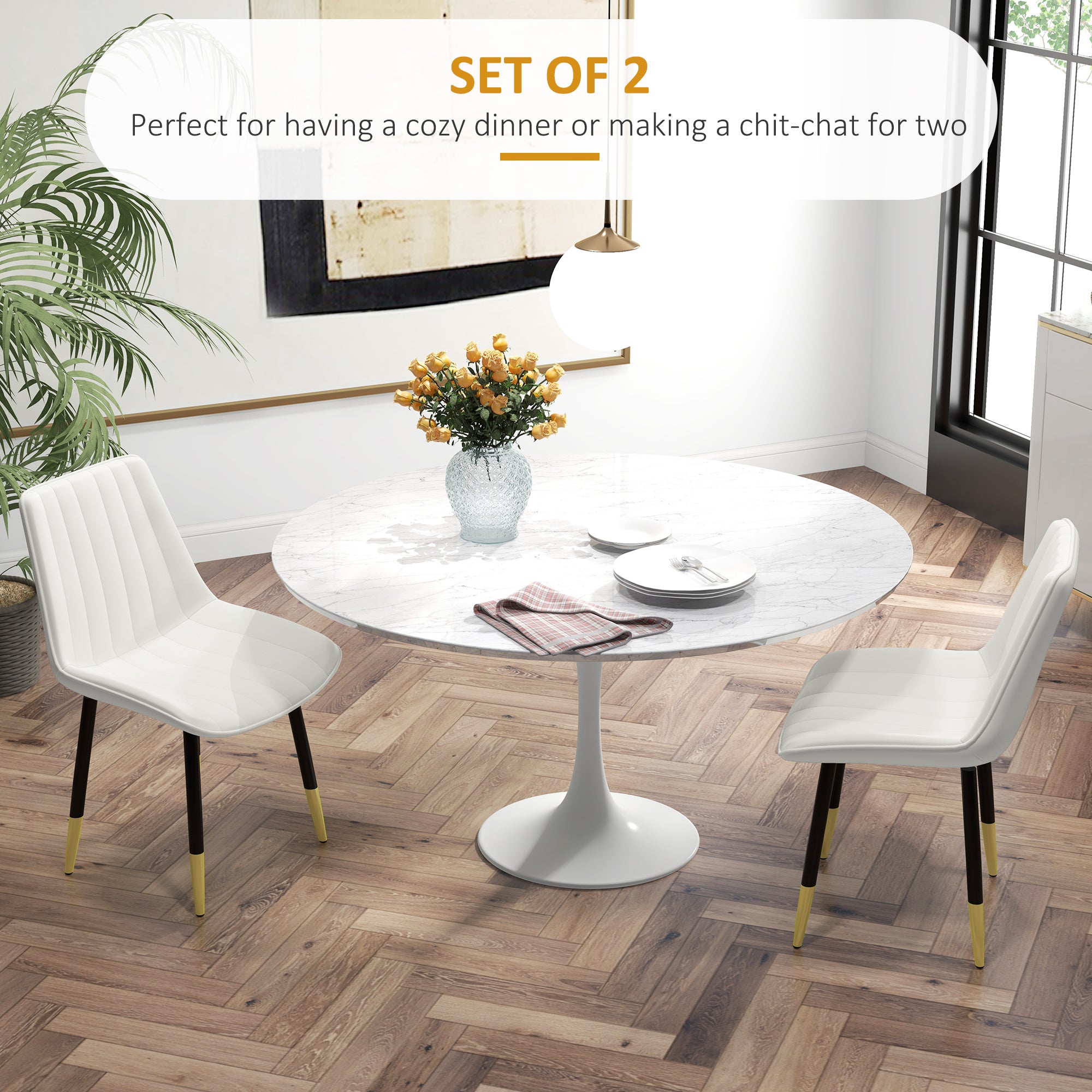 HOMCOM Dining Chair Pair: Modern PU Leather Upholstered, Steel Legs, Kitchen Chairs, Cream Hue for Living Room, Bedroom