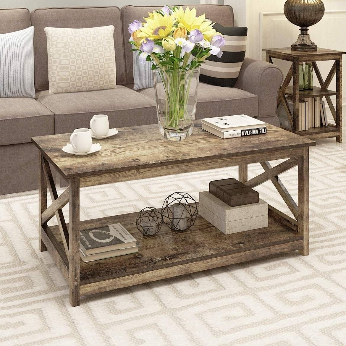 Contemporary 2-Tier Farmhouse Coffee Table in Rustic Wood Finish - Free Shipping