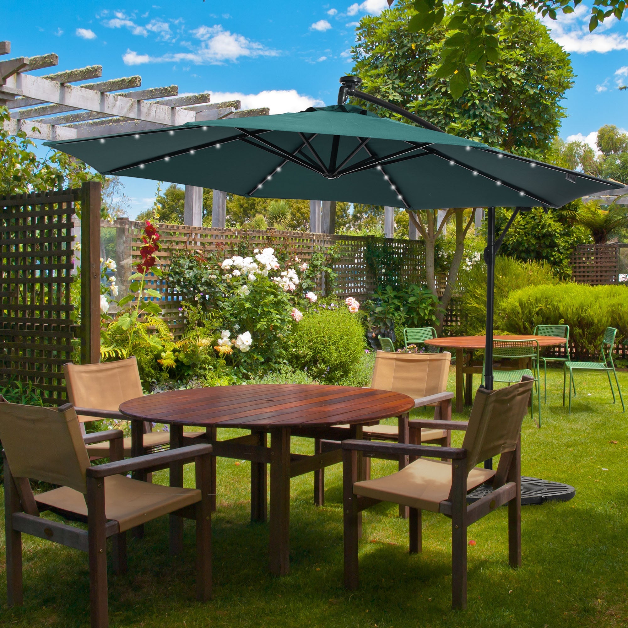 Outsunny 10ft Solar LED Cantilever Umbrella: Outdoor Banana Parasol with Lights & Adjustable Angle for Backyard, Dark Green