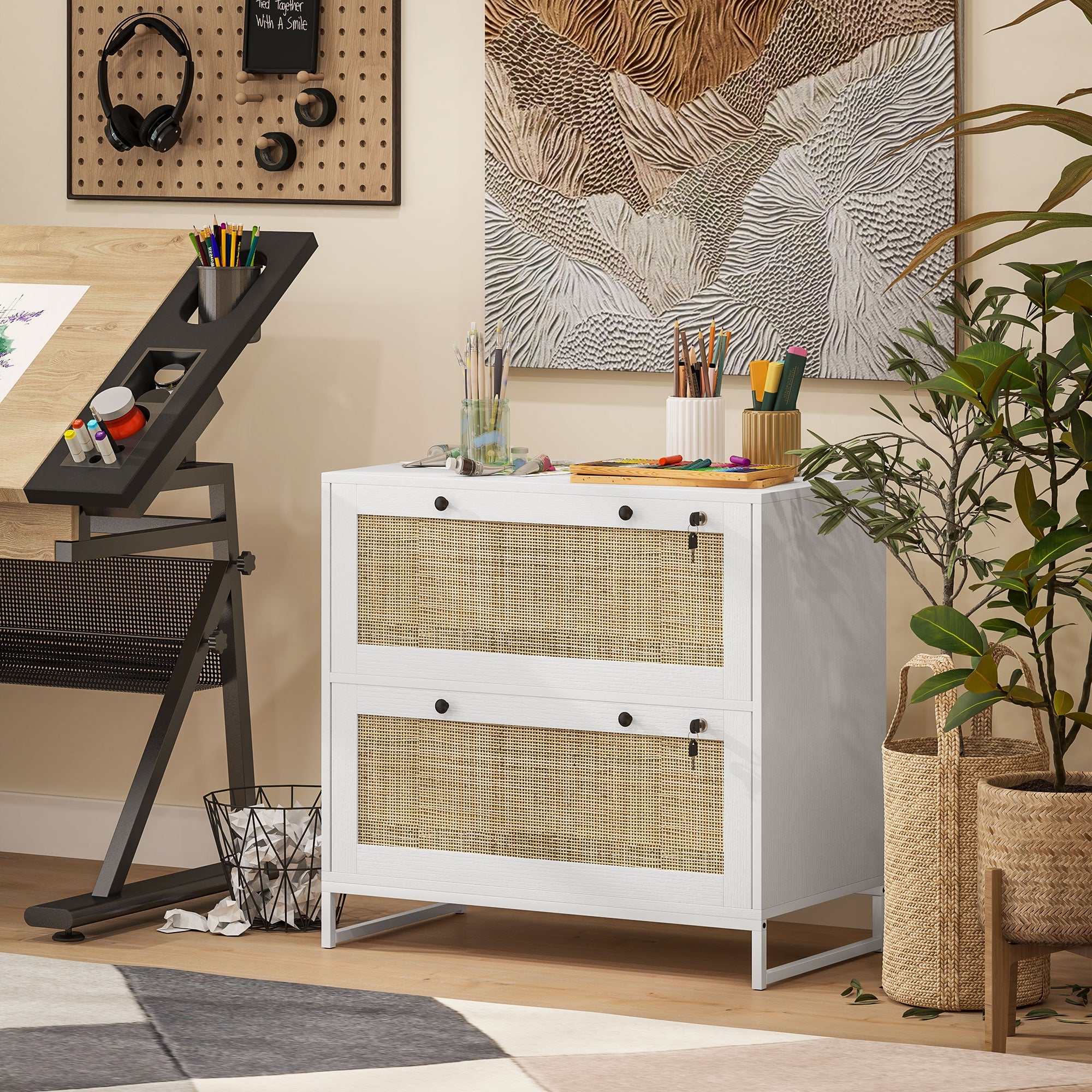 Vinsetto 2-Drawer Filing Cabinet with Lock, Rattan File Cabinet with Adjustable Hanging Bar, White